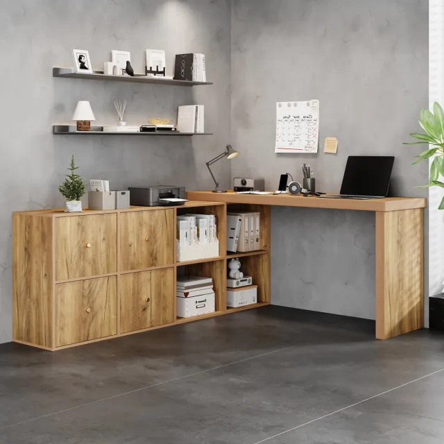 STILVORA L-Vorm Bureau - 360° Draaibaar Hoekbureau - Met 4 Lades En 4 Open Vakken - MDF - Eikenlook Oak