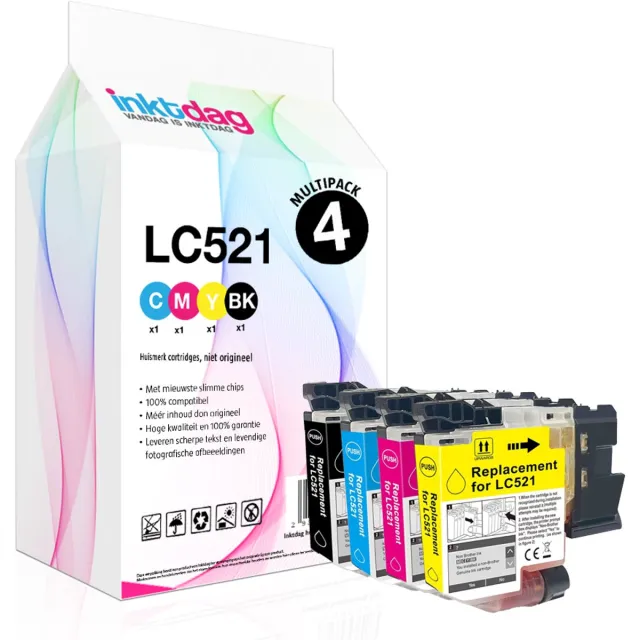 inktdag inktcartridges multipack 4 stuks for lc521 brother inktpatronen ,LC-521 inktcartridges voor Brother DCP-J1260W, DCP-J1310DW, DCP-J1313DW, DCP-J1360DW, DCP-J1460DW Printer (LC521BK, LC521C, LC521M, LC521Y) 1 X Zwart
