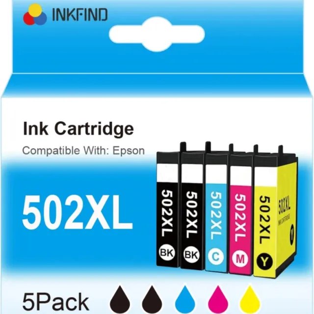 INKFIND 502XL inktcartridges voor Epson502 Epson 502 Epson502XL Epson 502XL inktcartridges multipack van 5 stuks (Zwart *2, Cyaan*1, Magenta*1, Geel*1) voor Epson Expression Home XP-5105 XP-5100 Epson Workforce WF-2860DWF WF-2865DWF XP5105 WF-2860 Zwart x 2, Cyaan x 1, Magenta x 1, Geel x 1