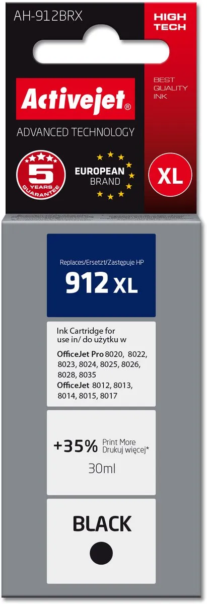 ActiveJet AH-912BRX inkt voor HP printers, Vervanging HP 912XL 3YL84AE; Premium; 1100 pagina's; zwart
