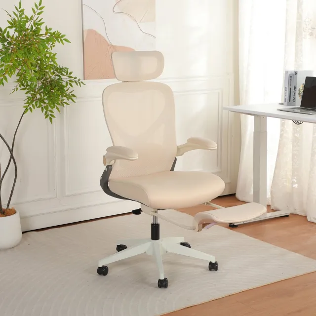 Vankel Opvouwbare ergonomische bureaustoel-3D verstelbare hoofdsteun-verstelbare lendensteun-ademende mesh rugleuning-hogedichtheid schuimzitting-kantelbare rugleuning-bureaustoel voor kantoor studie en computer - crème