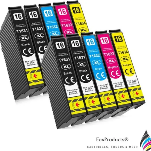 FoxProducts 10x 16XL T16 16 inktcartridges geschikt voor epson Workforce WF-2010W WF-2510WF WF-2520NF WF-2530WF WF-2540WF WF-2630WF WF-2650DWF WF-2660DWF WF-2750DWF WF-2760DWF Cyaan, Magenta, Yellow, Black,