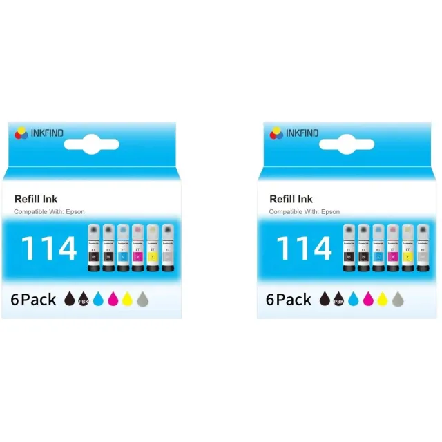 INKFIND 114 inktfles geschikt voor Epson114 Epson 114 EcoTank 6-kleuren multipack 12 stuks (2 x 6 Pack) voor Epson EcoTank ET-8500 Epson EcoTank ET-8550 Zwart x 2, foto zwart x 2, Cyaan x 2, Magenta x 2, Geel x 2, Grijs x 2