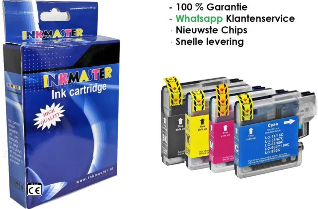 inkmaster premium Huismerk XL Brother inkt cartridge, LC1100 LC980 Multi pack van 4 stuks (1 x zwart, 1x C,M,Y) Multipack