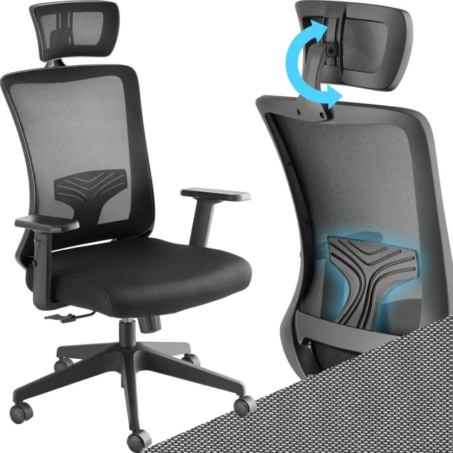 Tectake Ergonomische Bureaustoel - Met Rugleuning en Armleuningen - Verstelbare Hoofdsteun - Bureau Stoel - Bureaustoelen voor Volwassenen - Voor Kantoor/Thuiskantoor - Computerstoel - Voor Gaming- Werk zwart