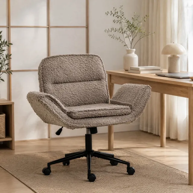 Wishdor Bureaustoel met verstelbare armleuningen en wielen - Draaibaar - Teddy fleece - Hoogteverstelbaar - Bruin - 103 cm