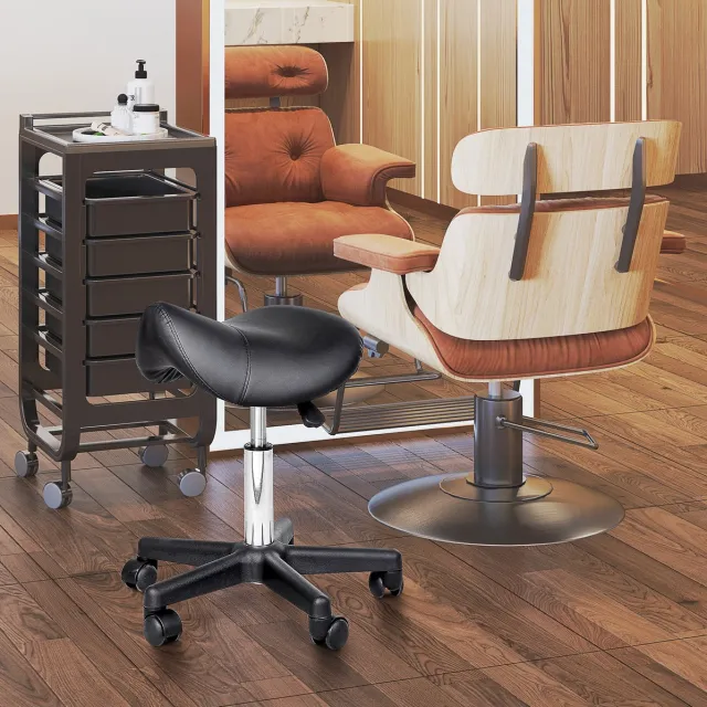 MEUNIQ bureaukruk met wielen 35 x 38 x 45-55 cm, hoogteverstelbare draaikruk met zadelzitting, kunstleer en metalen voetkruis, voor kantoor en salon, zwart Black