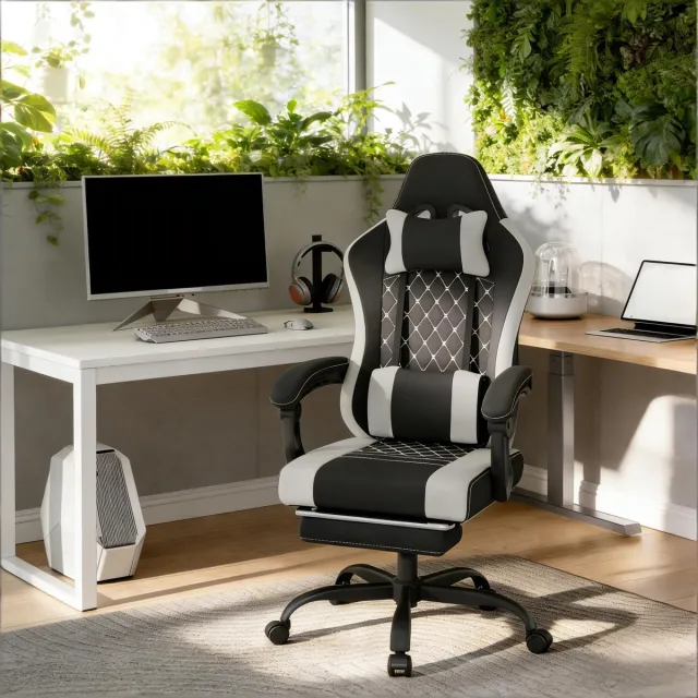 FloraGrace Ergonomische Bureaustoel Met Massage Lendenkussen Verstelbare Rugleuning En Voetensteun Voor Thuiswerk En Gaming Zwart Grijs Metaal