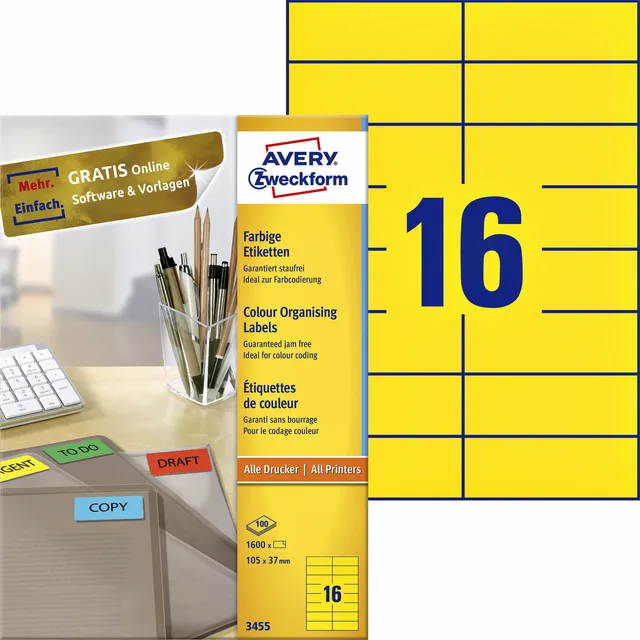 Avery Zweckform Etiket Avery 3455 105x37mm geel 1600 stuks