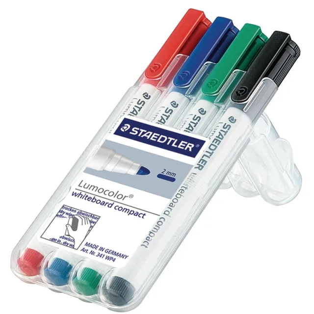 Staedtler whiteboardmarker Lumocolor Compact opstelbare box met 4 stuks in geassorteerde kleuren blauw
