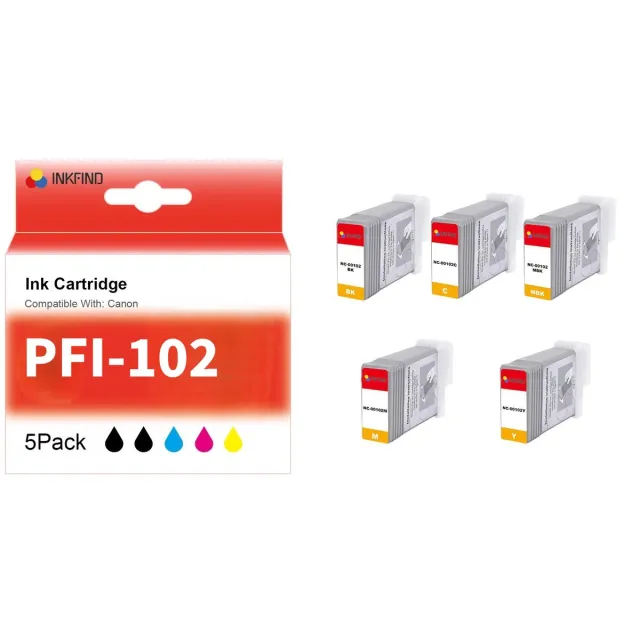 INKFIND PFI-102 inkt cartridge van 5 stuks multipack (Zwart, Mat Zwart, Cyaan, Magenta, Geel) geschikt voor Canon PFI102 PFI-102 Canon imagePROGRAF IPF500 IPF510 IPF600 IPF605 IPF610 IPF650 IPF655 IPF700 IPF710 IPF720 IPF750 IPF755 IPF760 1 x Zwart, 1 x Mat Zwart, 1 x Cyaan, 1 x Magenta, 1 x Geel