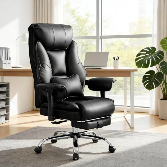 REDOM Bureaustoel - Ergonomisch met hoge rugleuning, hoofdsteun en verstelbare armleuningen - Kantelbaar en 360° draaibaar - Met wielen - Kunstleer en metaal - Zwart - 77 x 71 x 118-125,5 cm