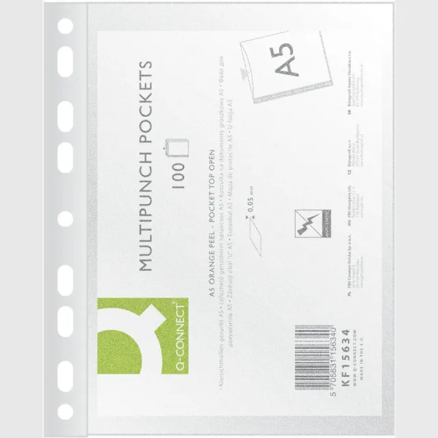 Q-CONNECT geperforeerde showtas, ft A5, 9-gaatsperforatie, PP, 50 micron, pak van 100 stuks