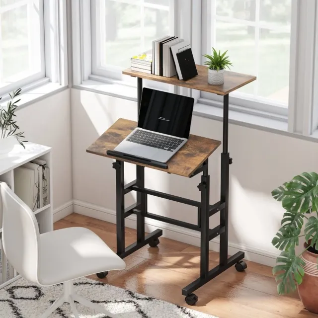 MEUNIQ hoogteverstelbaar bureau 60 x 60 cm met kantelbaar werkblad, 4 wielen en 2 remmen, computertafel voor werkkamer of thuiskantoor, bruin Rustic Brown