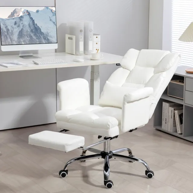REDOM Ergonomische Bureaustoel - Verstelbare Zithoogte - Kantelbare Rugleuning - Afneembaar Lendenkussen - Uitschuifbare Voetsteun - Kunstleer - Wit - 69 x 65 x 107-115 Cm
