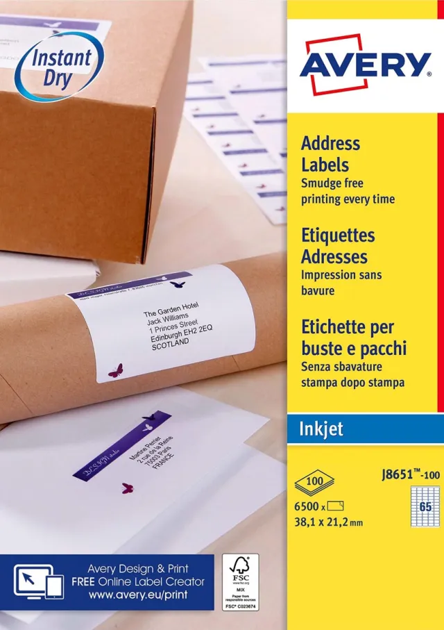 Avery witte etiketten QuickDry ft 38,1 x 21,2 mm (b x h), 6.500 stuks, 65 per blad