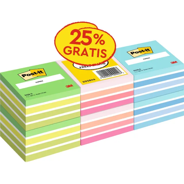Post-It Notes kubus, 450 vel, ft 76 x 76 mm, promopak van 6 kubussen in geassorteerde kleuren
