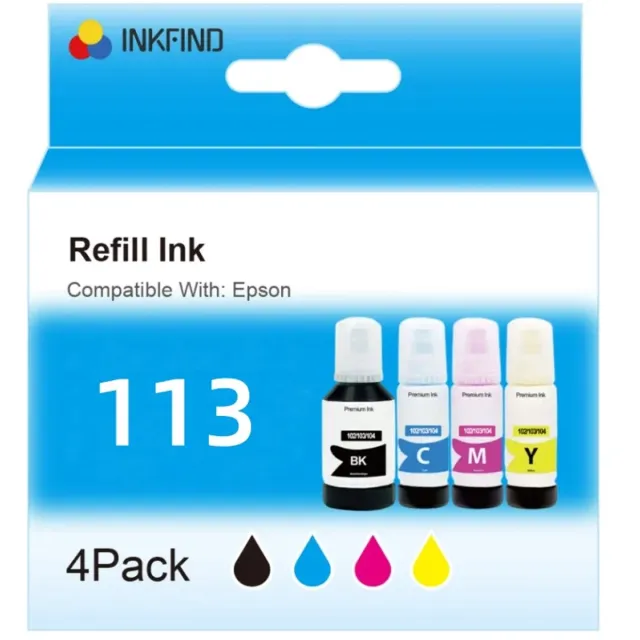 INKFIND 113 inkt geschikt voor Epson113 Epson 113 EcoTank 4-kleuren multipack voor Epson EcoTank ET-16150 ET-16600 ET-16605 ET-16650 ET-16655 ET-16685 ET-5150 ET-5170 ET-5185 ET-5800 ET-5805 ET-5850 ET-5855 ET-5880 ET-5885 Epson EcoTank Pro ET-16680 1 x Zwart, 1 x Cyaan, 1 x Magenta, 1 x Geel