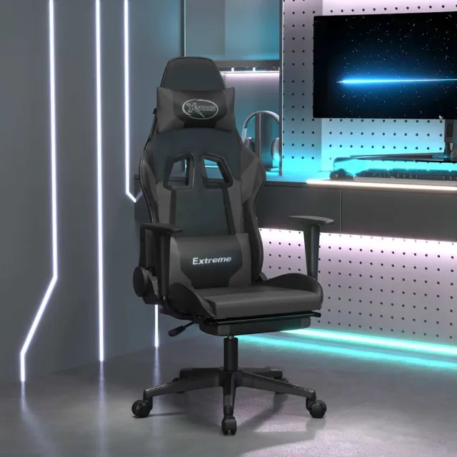 vidaXL Massage - gamestoel - met - voetensteun - kunstleer - zwart - en - grijs zwart en grijs