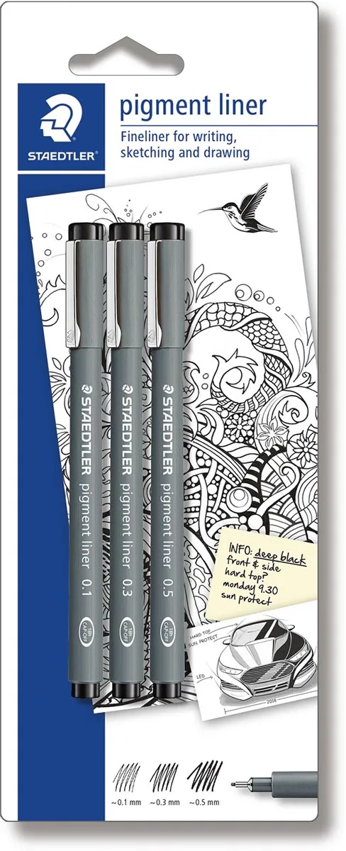 Staedtler fineliner Pigment Liner blister van 3 stuks: 0,1; 0,3 en 0,5 mm zwart