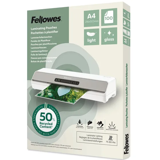 Fellowes Lamineerhoes Fellowes A4 light 50% gerecycled glans 100stuks