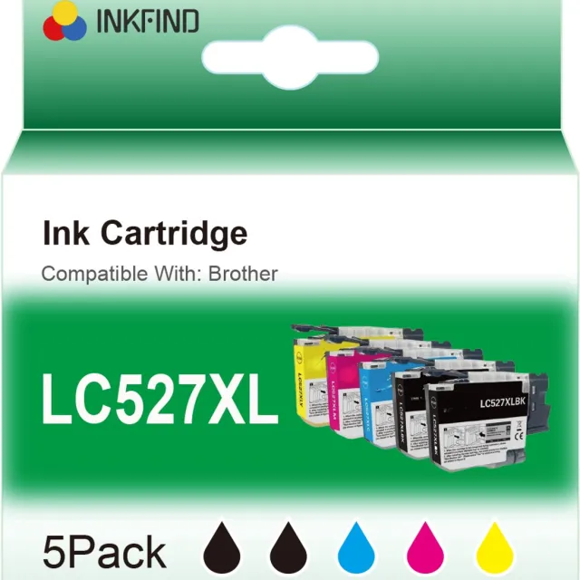 INKFIND LC527XL Zwart/Zwart/Cyaan/Magenta/Geel inktcartridge compatibel met Brother LC527XL LC-527XL LC527VAL Multipack van 5 stuks (Zwart x 2, Cyaan x 1, Magenta x 1, Geel x 1) geschikt voor Brother MFC-J4350DW/J4550DW - 5-pack BK+BK/CMY