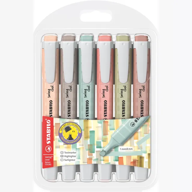 Stabilo SWING COOL Naturecolor markeerstift, geassorteerde kleuren, blister van 6 stuks wit