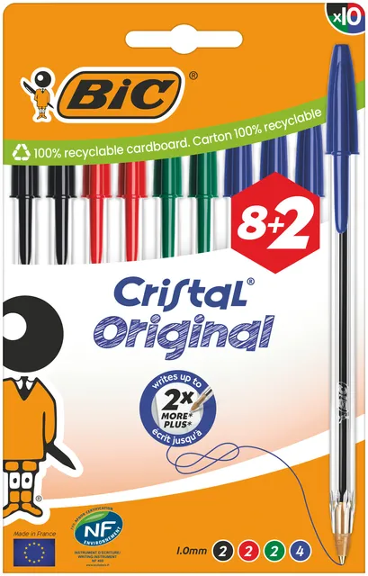 Bic Balpen Bic Cristal medium assorti blister à 8+2 gratis blauw
