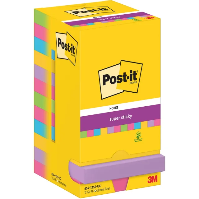 Post-it Super Sticky Notes, 90 vel, ft 76 x 76 mm, assorti, pak van 12 blokken