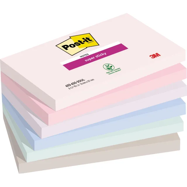 Post-it Super Sticky notes Soulful, 90 vel, ft 76 x 127 mm, geassorteerde kleuren, pak van 6 blokken blauw