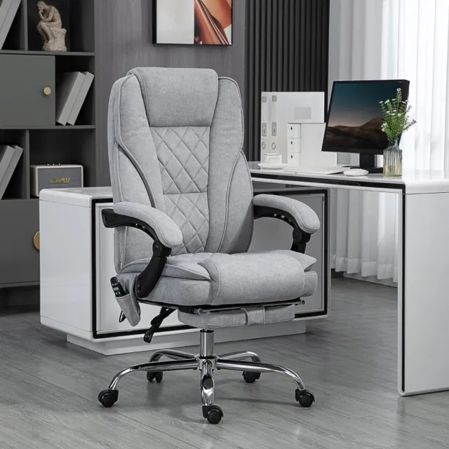 OKWISH Bureaustoel - Vibratiemassage En Verwarming - Hoogteverstelbaar En Draaibaar Met Ligfunctie En Voetsteun - Polyester - Grijs