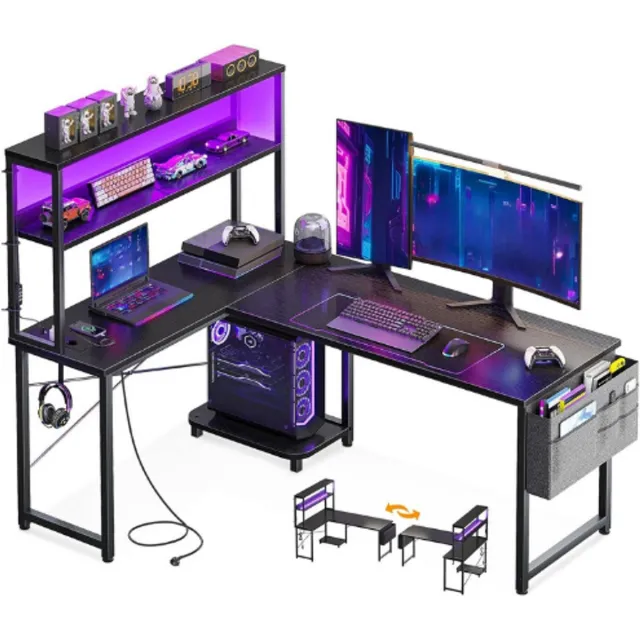 Coleshome Gaming Bureau Met LED Verlichting En Stopcontacten 135x100 cm - Hoekbureau Draaibaar Met Planken En Opbergtas - Ergonomisch Gamer Bureau - Zwart