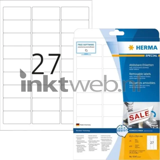 Herma 4347 Verwijderbare papieretiket 63,5 x 29,6mm wit (Origineel)