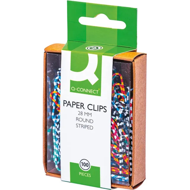 Q-Connect papierklemmen, 28 mm, doos van 100 stuks, gestreept in wit en geassorteerde kleuren
