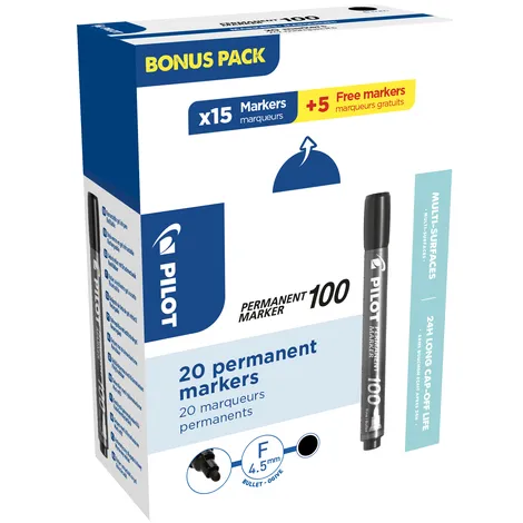 Pilot Viltstift PILOT 100 rond fijn zwart doos à 15+5 gratis
