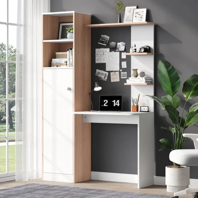 Zubaliya Bureau - met opbergruimte - wit en naturel - afmetingen 123,5 x 45 x 168,5 cm - materiaal mdf - voor een praktische en georganiseerde werkplek