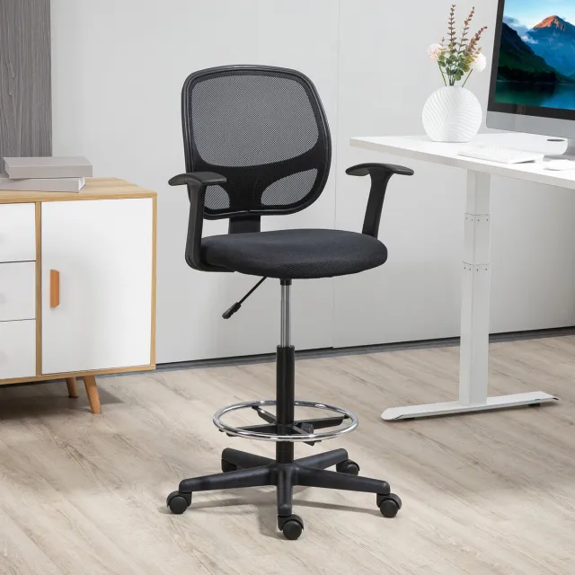 MIVRAY Bureaustoel 60 x 56 x 110-132 cm - Ergonomisch Met Verstelbare Voetenring En Verstelbare Zithoogte - Voor Kantoor En Tekenbureau - Mesh Zwart