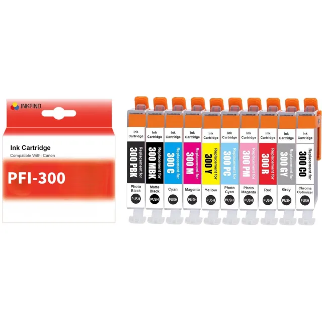 INKFIND PFI-300 Inktcartridge compatibel met Canon PFI-300 voor Canon image PROGRAF PRO-300 PRO300 - 10-pack (Foto Zwart + Mat Zwart + Cyaan + Magenta + Geel + Foto Magenta + Foto Cyaan + Rood + Grijs + Chromar Optimizer) 1K+1C+1M+1Y+1MBK+1PM+1PC+1RG+1Y+1CO