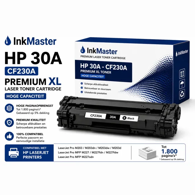 inkmaster premium XL Laser toner cartridge voor HP 30A - CF 230A | Geschikt voor Laserjet M203D, M203DN, M203DW, MFP M227FDN, MFP M227FDW, MFP M227SDN Zwart