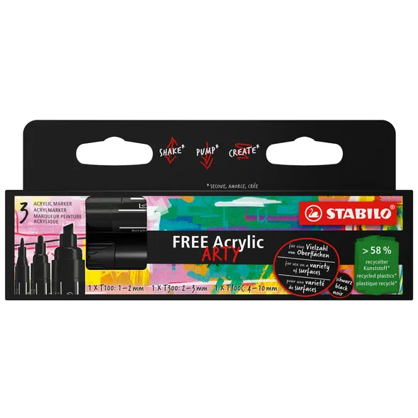 Acrylmarker STABILO Free Acrylic Mixed Tip set à 3 breedtes zwart