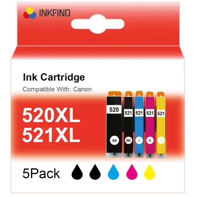INKFIND PGI520XL CLI521XL inkt cartridge Geschikt voor Canon PGI-520XL Canon CLI-521XL CanonPGI520 CanonCLI521 van 5 stuks multipack voor Canon Pixma IP3600, IP4600, IP4700, MP540, MP5410, MP550, MP560, MP620, MP630, MP640, MP980, MP990, MX860, MX870 1 x Zwart, 1 x foto Zwart, 1 x Cyaan, 1 x Magenta, 1 x Geel