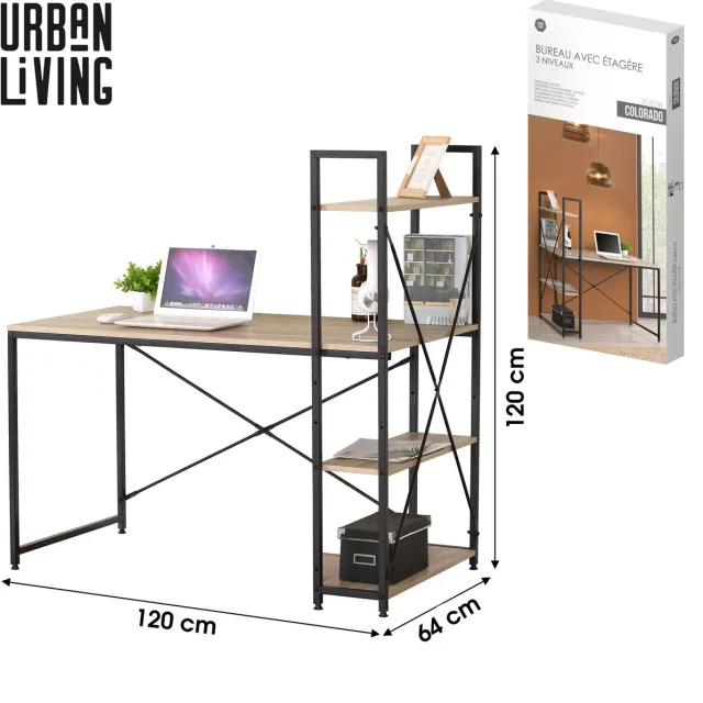 Urban Living "COLORADO" Bureau met rek en 3 legplanken 120 x 64 x H120 cm eikenhoutlook