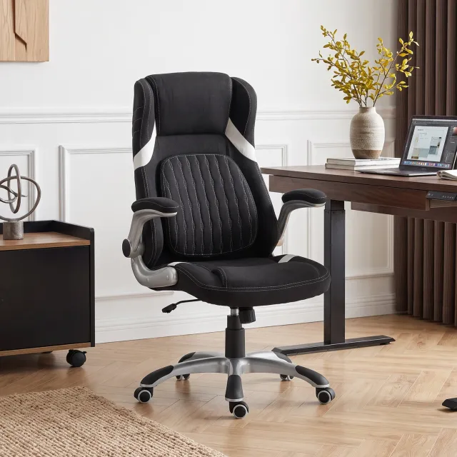 MUVANO Ergonomische bureaustoel - Stoffen bekleding - Verstelbare lendensteun - Opklapbare armleuningen - 68 x 76 x 109-117 cm - Voor thuis en kantoor - Zwart