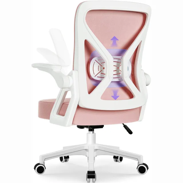 Hiazurm Bureaustoel - Ergonomische bureaustoel - bureaustoelen voor volwassenen - Opklapbare armleuningen - Lendensteun - Verdikt en verbreed zitkussen - roze-wit