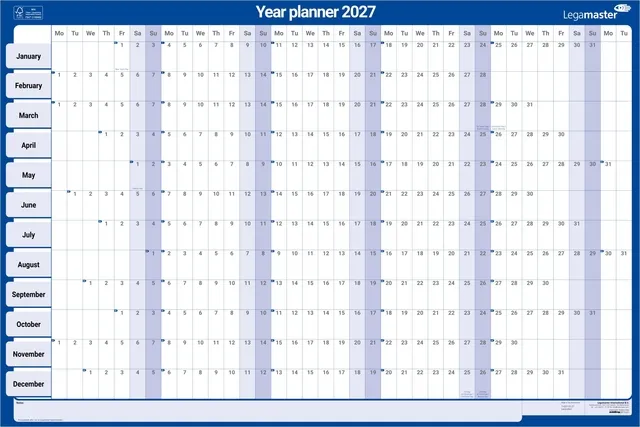 Legamaster Jaarplanner 2027 Legamaster 90x60cm horizontaal gelamineerd en oprolbaar Engelstalig