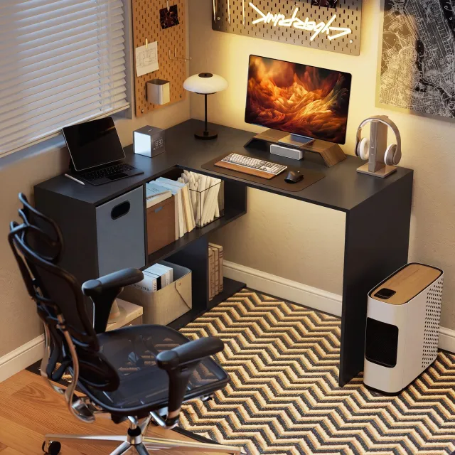 MUVANO Hoekbureau - L-vormig computerbureau - Met stoffen lade en vier open vakken - 110 x 100 x 75 cm - Opbergruimte voor werkkamer en studeerkamer - Zwart