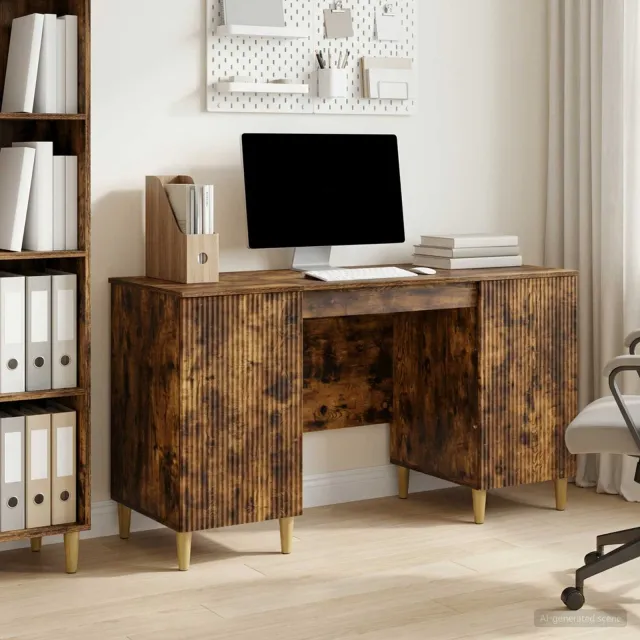 vidaXL Bureau met plank Gerookt eiken 142,5 x 50 x 75 cm Bewerkt hout, foto 2