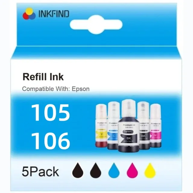 INKFIND 105 106 Ecotank inkt geschikt voor Epson 105/106 Epson105/106 Epson Ecotank 105/106 Epson105 Epson 105 Epson106 Epson 106 EcoTank 5-kleuren multipack voor Epson EcoTank ET-7700 Epson EcoTank ET-7750 Epson EcoTank ET-7160 Epson EcoTank ET-7180 Zwart, foto Zwart, Cyaan, Magenta, Geel
