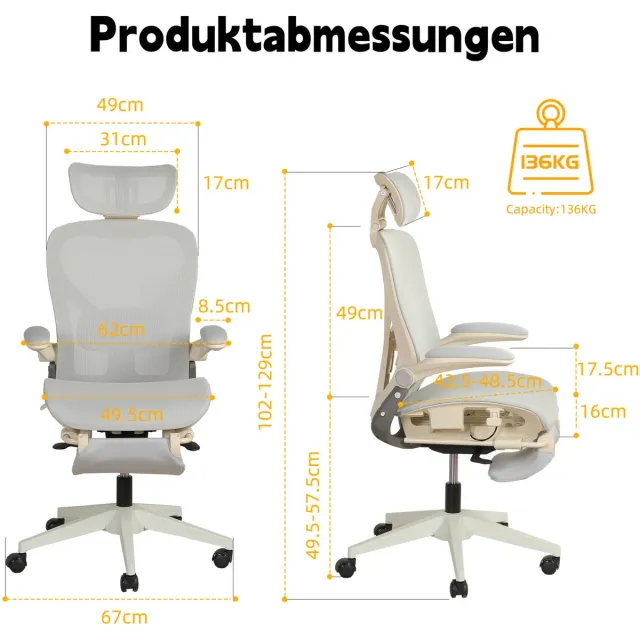 MODENUIT Bureaustoel 65 x 58,5 x 52,5 cm - Inklapbaar Met 3D-Hoofdsteun En Lendensteun - Voor Werk - Netstof Grijs