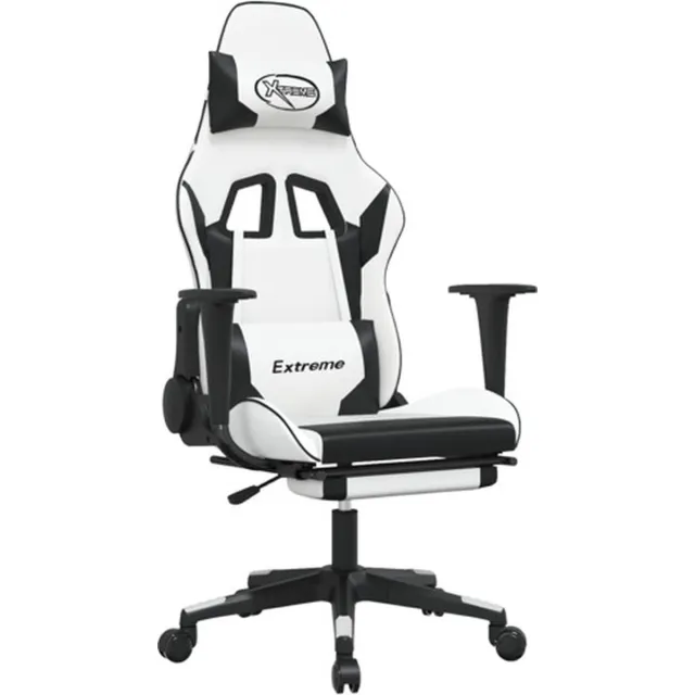 vidaXL Massage - gamestoel - met - voetensteun - kunstleer - wit - en - zwart wit en zwart